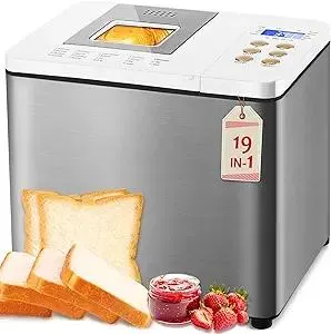 19-in-1 Stainless Steel Bread Maker With Smart Dual Heaters, Quiet Bread Machine with 15H Timer & 1H Keep Warm, Auto BreadMaker with Food-Grade Heat-Conductive Non-Stick Pan, Recipes for Gluten-Free
