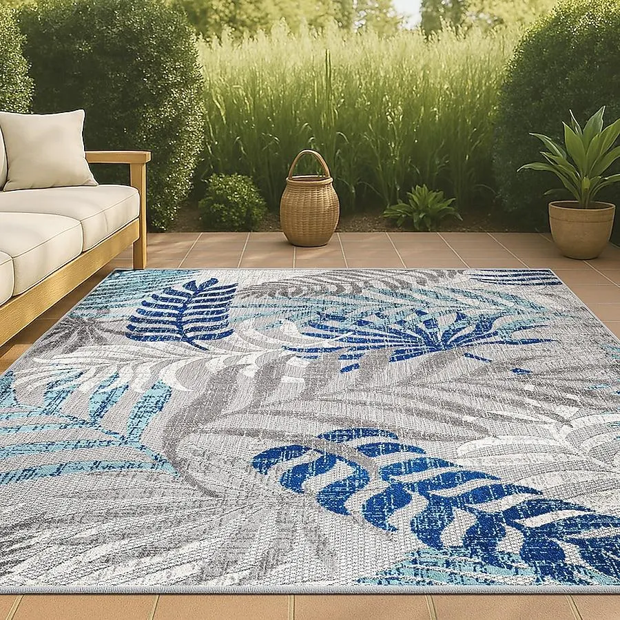 JONATHAN Y AMALFI COAST Tropics Palm Leaves 4 x 6 (ft) Loomed Gray/Blue Rectangular Indoor/Outdoor Floral/Botanical Coastal Area rug Pet Friendly