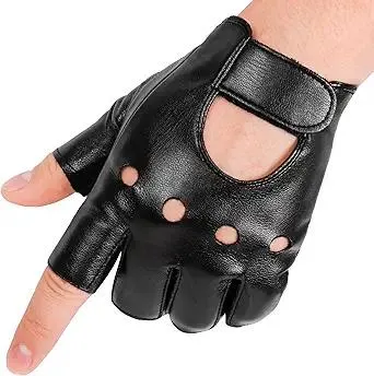 Black Fingerless Gloves for Men Women, Halloween PU Leather Half Finger Glove Driving Performance Costume Sport