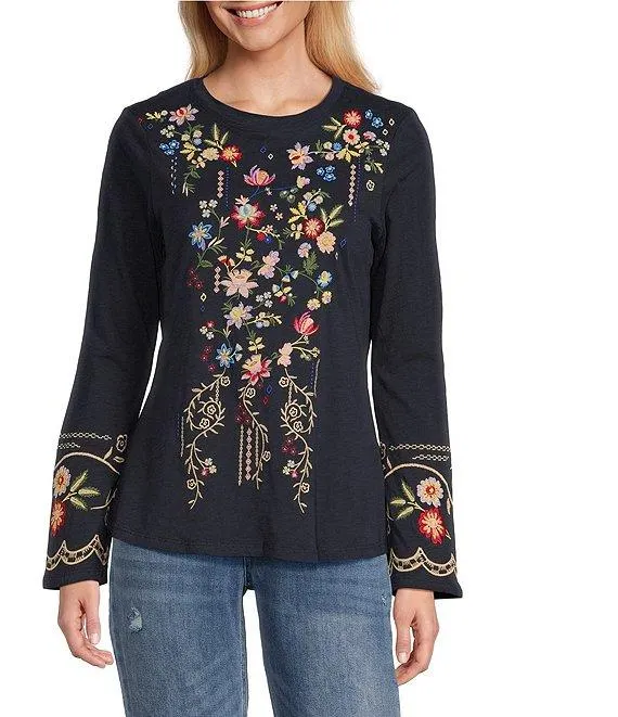 Jersey Knit Floral Embroidery Crew Neck Long Bell Opening Sleeve T-Shirt