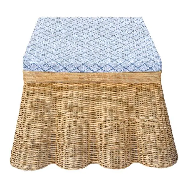 Scalloped Wicker Coffee Table / Large Ottoman with Cushion, Diamond Pattern in Blue
