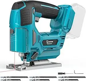 Jig Saw for Makita 18V Battery, Cerycose Cordless Jigsaw Tool with Laser Guide, 3000RPM Brushless Motor Variable Speed, 45° Bevel Angle Cut, LED Light, 3 Orbital Sets, 6PCS Blades (No Battery)
