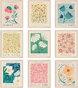 AnyDesign 9Pcs Flower Market Wall Art Prints Matisse Art Poster Unframed Floral Drawing Posters Colorful Decor for Gallery Room Aesthetic Living Room Bathroom Decor, 8x10inch