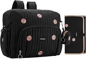 Diaper Bag Backpack, Medium Maternity baby bag & Changing Pad, Insulated Pockets, Stroller Straps & Pacifier Case (Medium - Black Flowers)