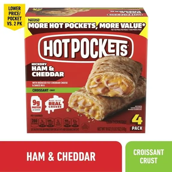 Hot Pockets Ham and Cheddar Croissant Crust, Air Fryer Sandwich Snacks, 18 oz, 4 Pack (Frozen)