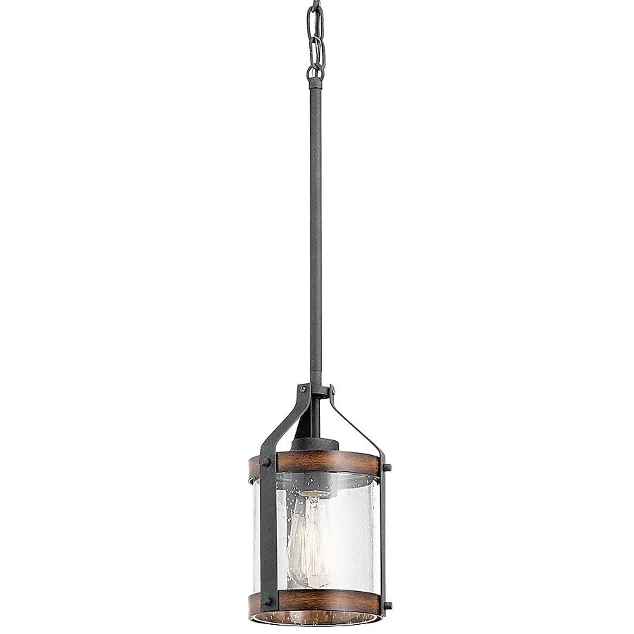 Kichler Barrington 1 -Light Distressed Black and Wood Tone Rustic Seeded glass Cylinder Small Hanging Pendant light