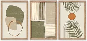 SRSZHIYUE Large Green Abstract Boho Plant Wall Art Neutral Bohemian Set of 3 Wood Framed 16x11 Inch for Living Room Bedroom Wall Decor Hanging (Wood)