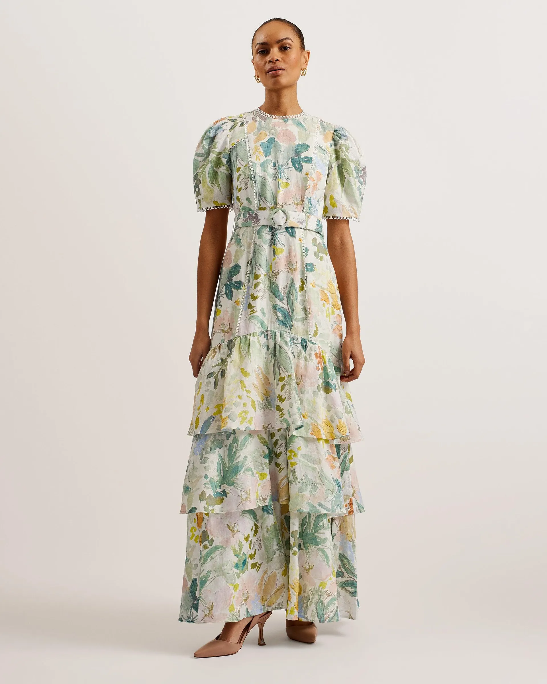 Devero Belted Floral Tiered Maxi Dress Ivory