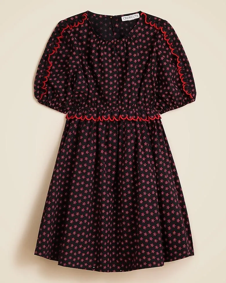 Girls' puff-sleeve scallop-trim dress in floral