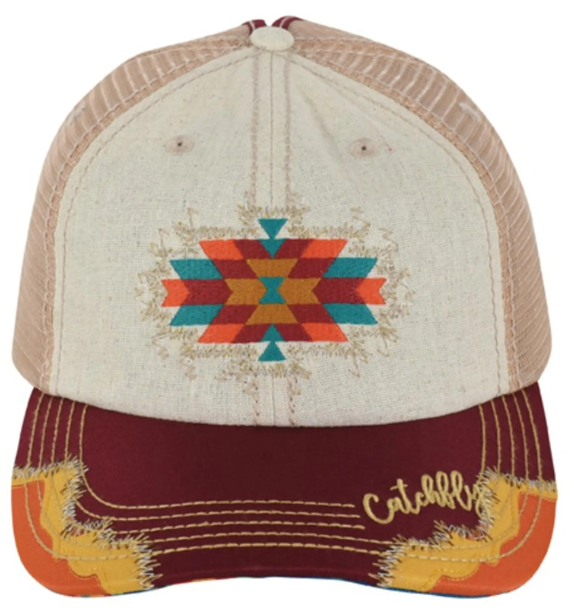 CatchFly Ladies Carmine, Tangerine & Turquoise Aztec Design Stitching Ponytail Baseball Cap