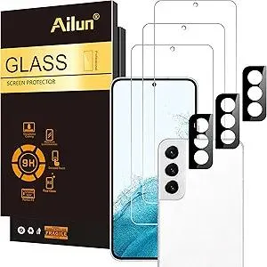 Ailun Tempered Glass Screen Protector for Galaxy S22 - 3 Pack Screen Protectors + 3 Pack Camera Lens Protectors - Fingerprint Unlock Compatible, Clear Case Friendly