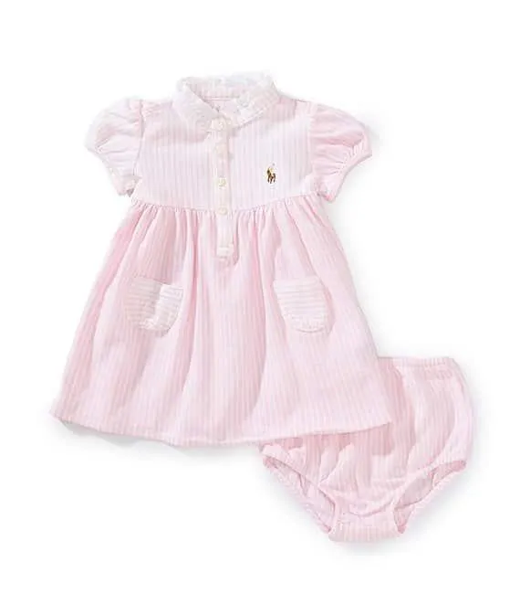 Baby Girls Puffed-Sleeve Mixed-Media Stripe Fun Shirtdress