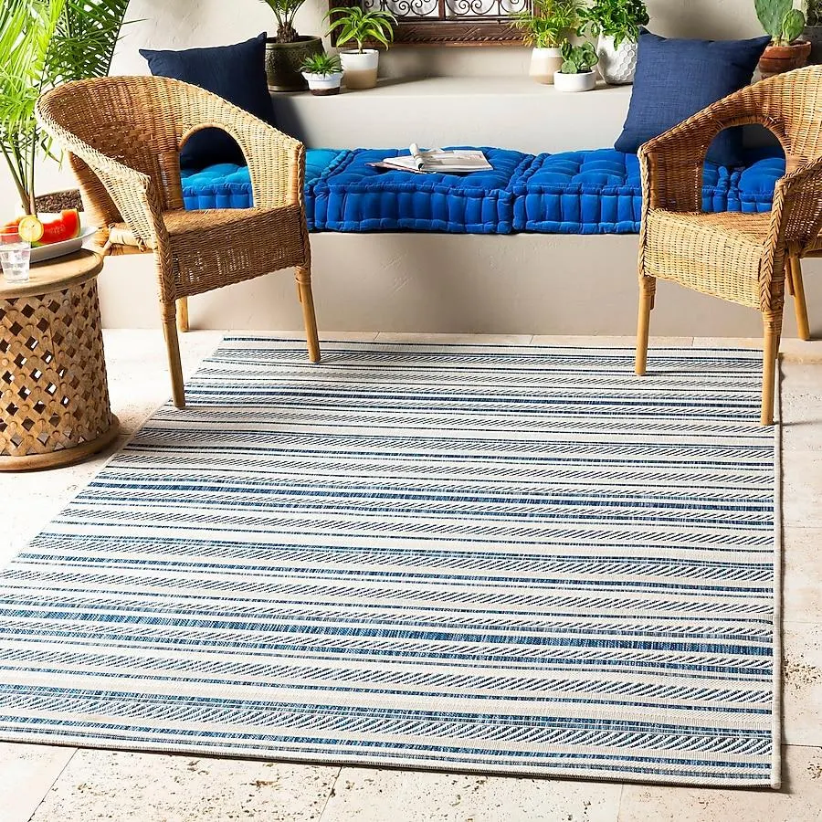Livabliss Eagean 8 x 10 (ft) Synthetic Navy/Blue Rectangular Indoor/Outdoor Stripe Moroccan Area rug