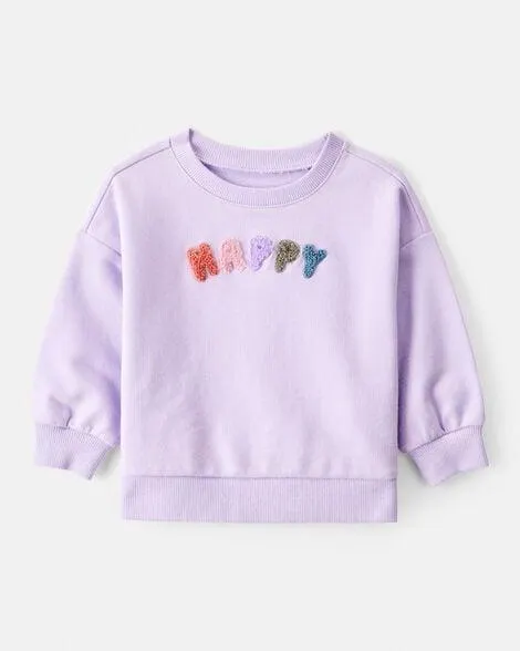 Baby Girl Happy French Terry Long-Sleeve Pullover Sweatshirt - Purple