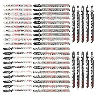 50 Piece Contractor Jigsaw Blades Set with Storage Case, Assorted T-Shank Jig Saw Blades for Wood, Plastic and Metal Cutting(T118A,T118B,T101AO,T101B,T101BR,T144D)