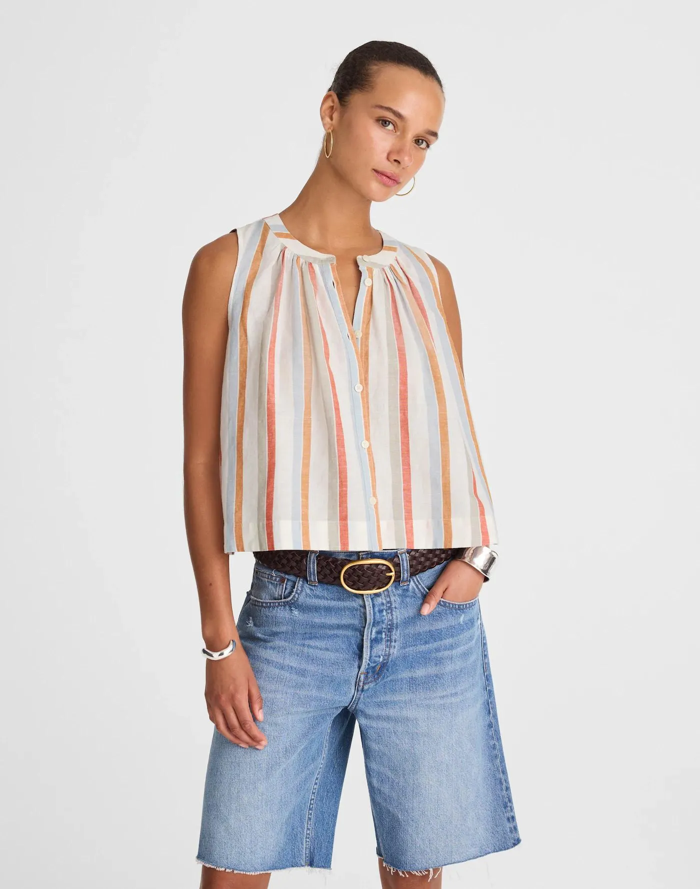 Button-Front Tank in Linen-Cotton