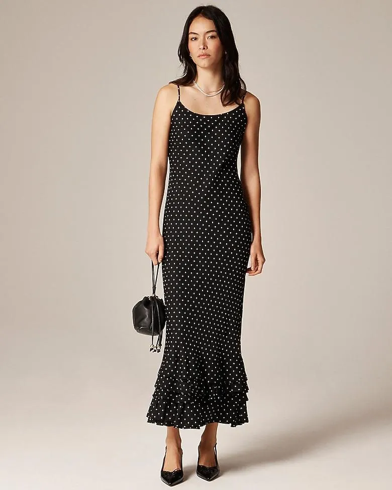 Ruffle-hem slip dress in dot print