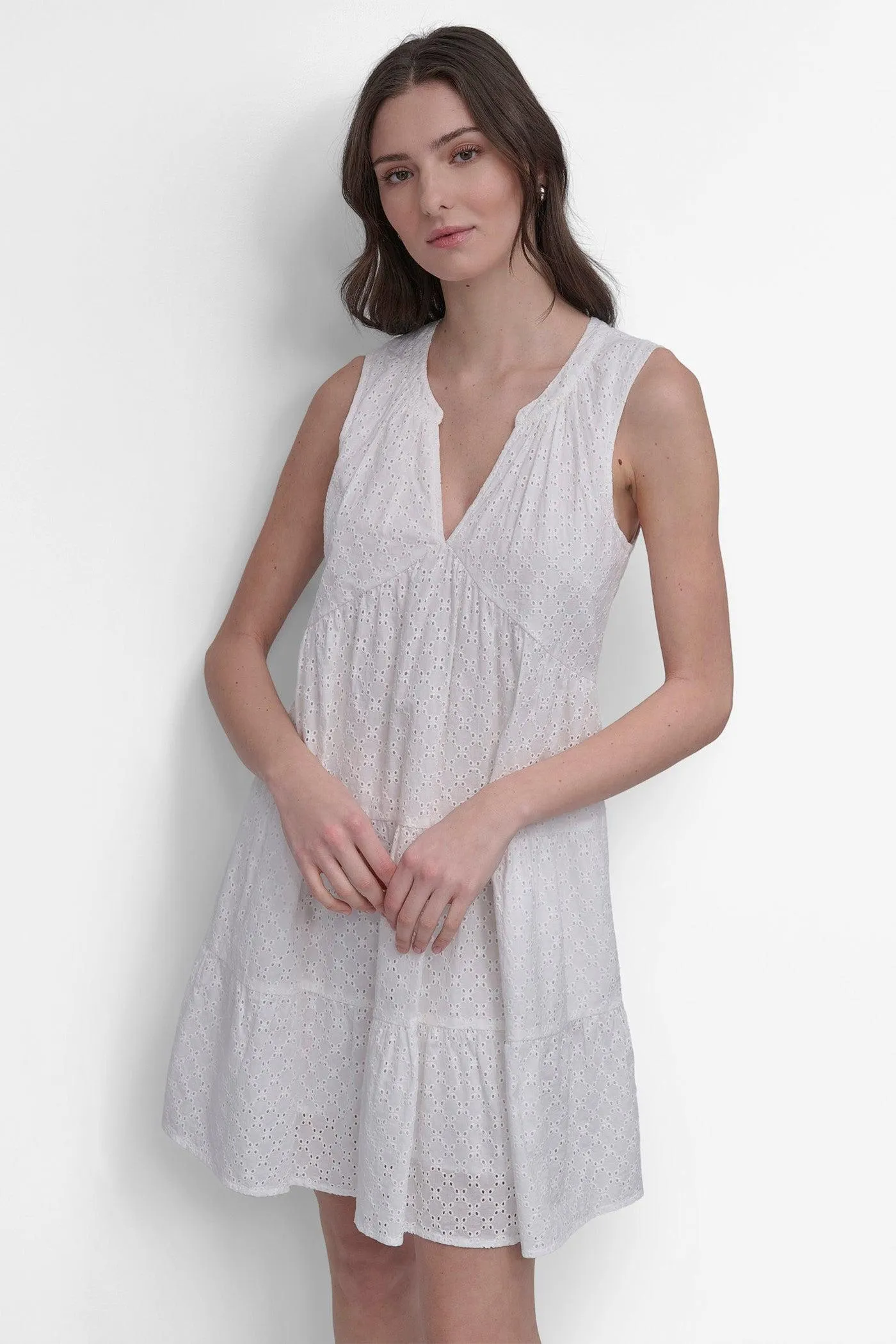 SLEEVELESS EYELET TIERED DRESS