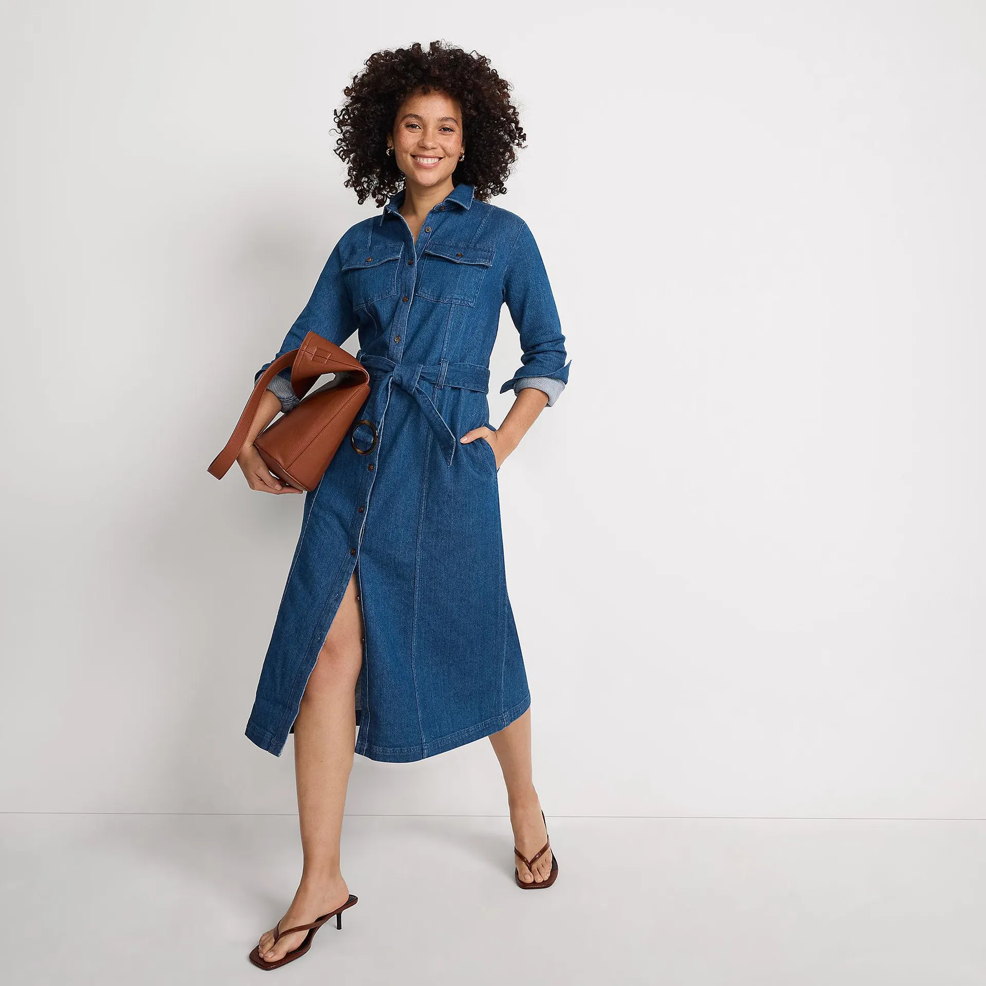 Women's Soft Denim Midi Shirt Dress