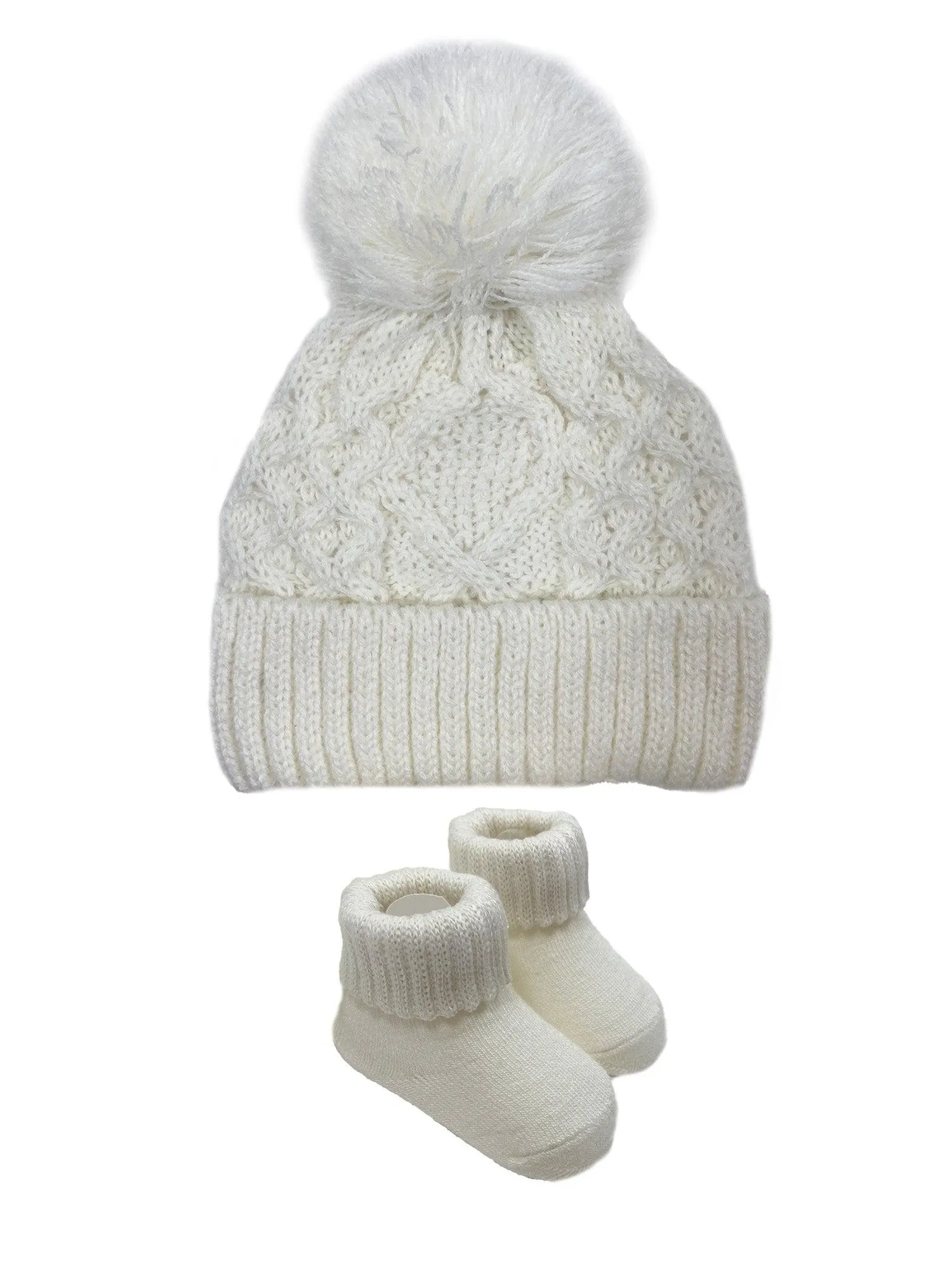 Angelface Fishermen Cable Yarn Pom Turncuff Hat and Bootie Set in Ivory
