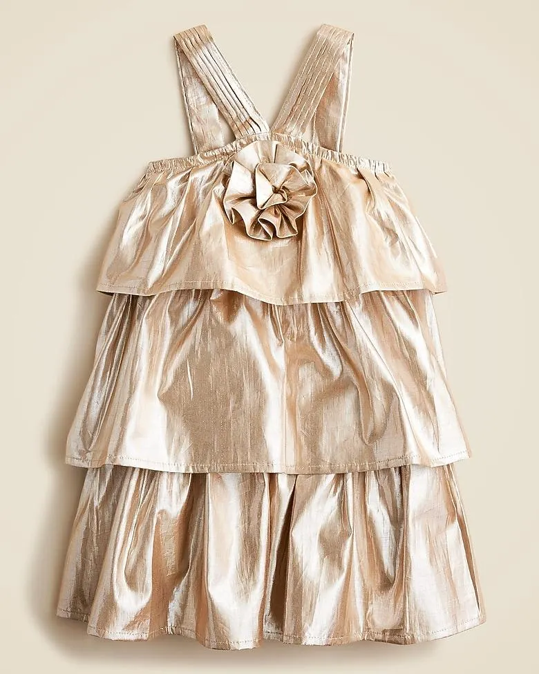 Girls' tiered rosette dress in gold lamé
