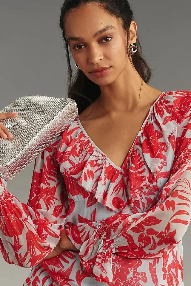 By Anthropologie Long-Sleeve V-Neck Chiffon Ruffle Midi Dress