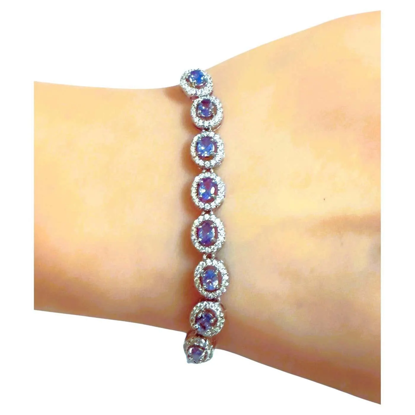 New 1.68 Carat Tanzanite & Diamond Cut Sapphire 14k W Gold PL Sterling Bracelet