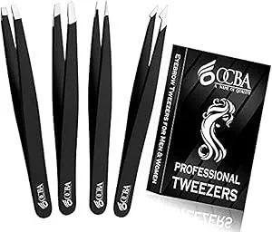 4 Pcs Tweezers for Facial Hair Women & Men for Precise Grooming of Eyebrows - Professional Stainless Steel Black Color Coated Eyebrow Tweezers for Ingrown Hair on Nose Ear