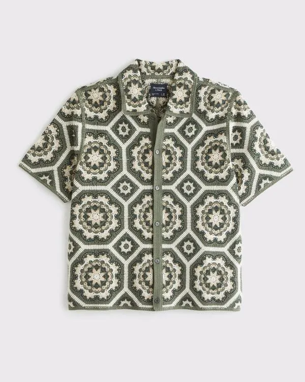 Crochet-Style Floral Button-Through Sweater Polo