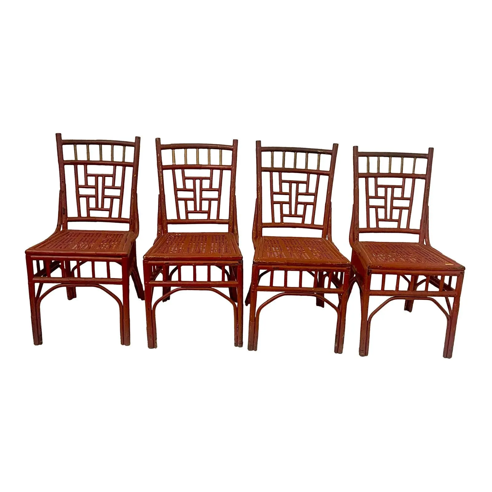 1960s Red Vintage Faux Bamboo Dining Chairs - Set of 4