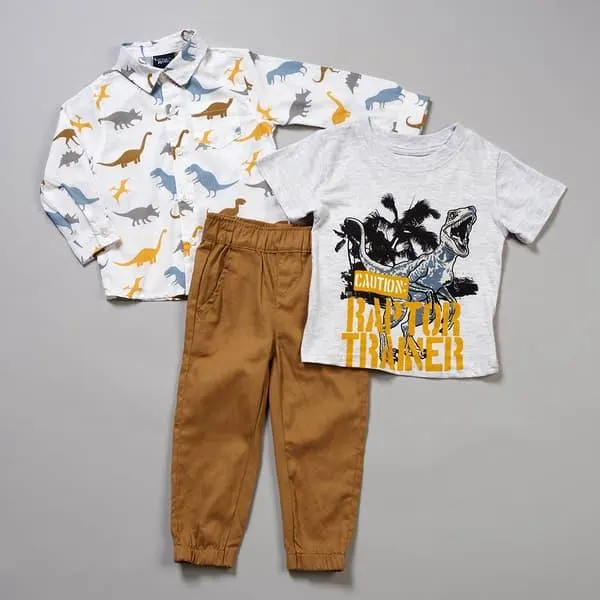 Toddler Boy Little Rebels® 3pc. Dino Tee/Button Top & Pants Set