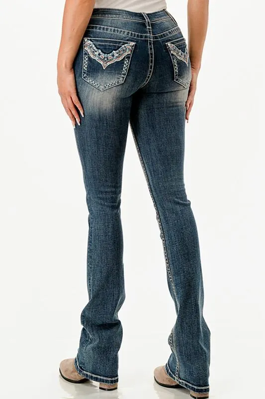 Grace in LA Ladies Colorful Necklace Embellished Mid Rise Medium Wash Denim Bootcut Jeans