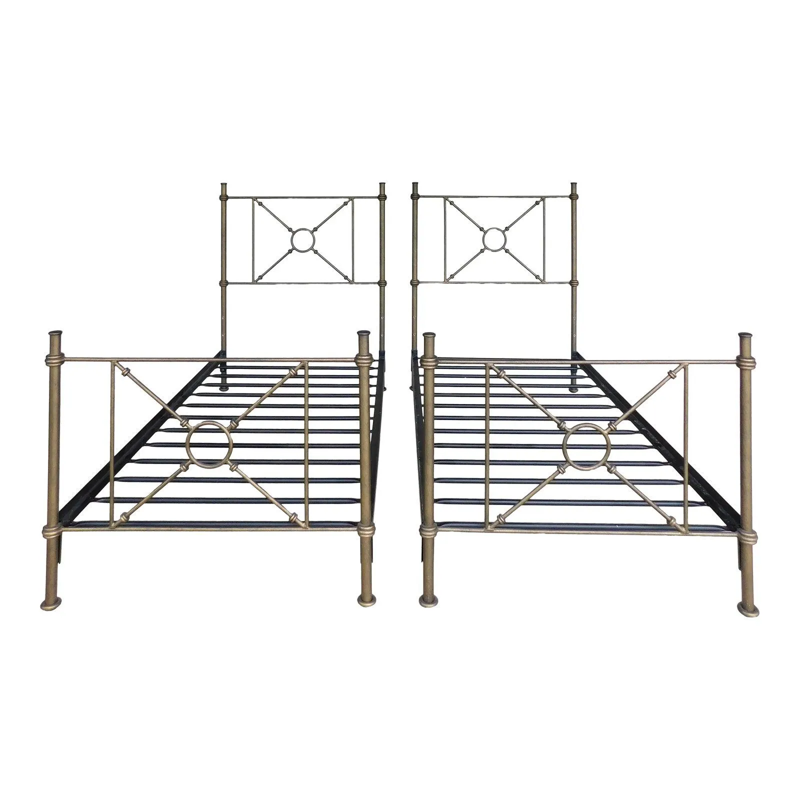 French Directoire Style Heavy Iron Antiqued Bronze Finish Beds - A Pair