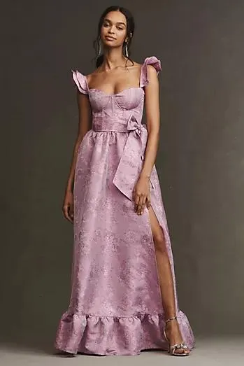 V. Chapman Veronica Corset Ruffle Side-Slit Dress