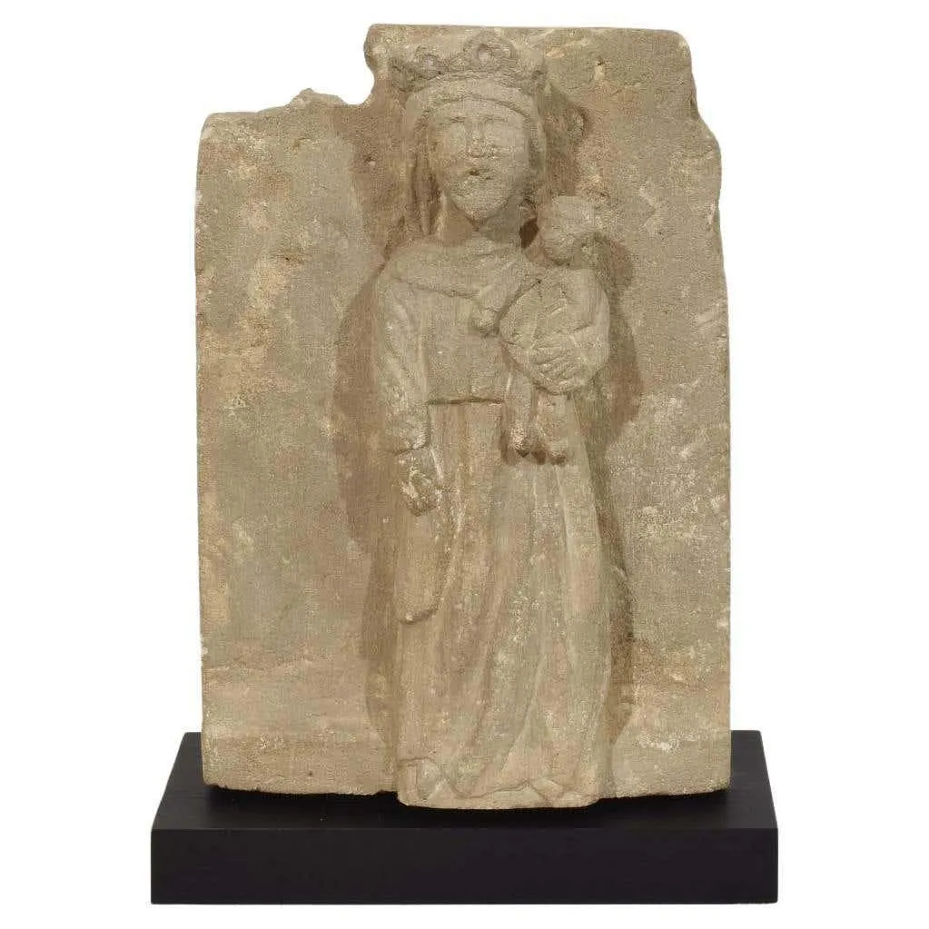 French Medieval Carved Stone Panel Depicting A Madonna With Child