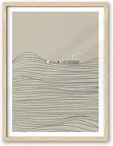 iHery Natural OAK Wood Jesus and Peter Walk on Water Framed Wall Art, 12x16 in Modern Sketch Bible Verses Canvas Art Decor, Beige Logs Boho Scripture 1Pack for Living Room Bedroom