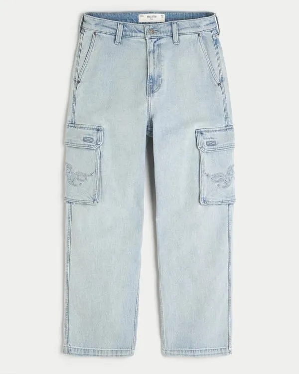 Light Wash Embroidered Baggy Cargo Jeans