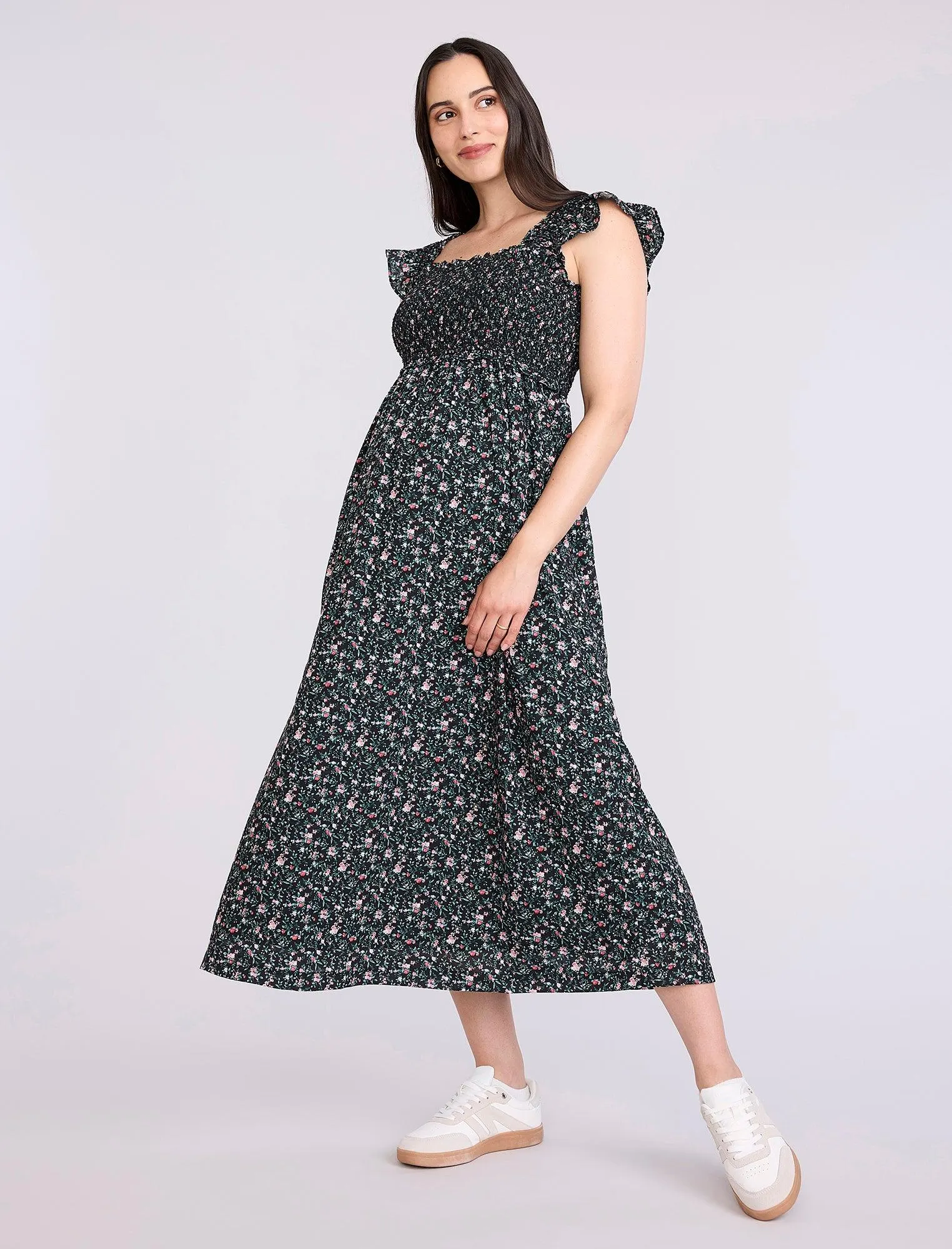 Sleeveless Ruffle Shoulder Smocked Maxi Dress