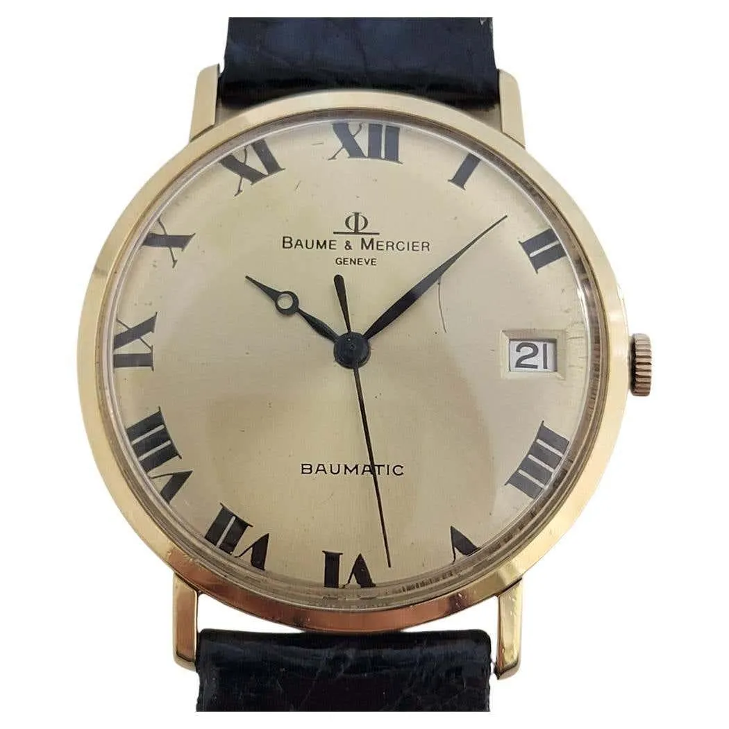 Mens Baume Mercier Baumatic 18k Solid Gold Date Automatic 1970s Vintage RA436