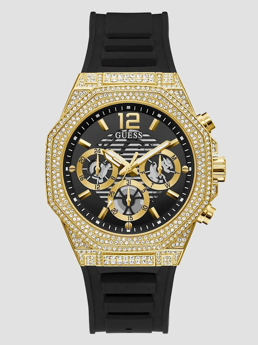 Gold-Tone and Black Silicone Multifunction Watch