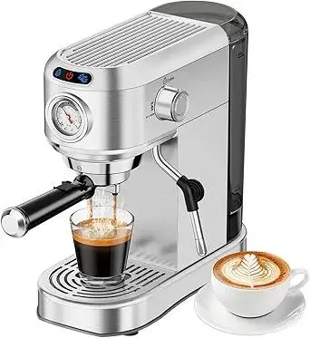 Espresso Machine 20 Bar, Compact Espresso Maker, Stainless Steel Expresso Coffee Machines with Steam Milk Frother & 34oz Removable Water Tank for Home Latte, Cappuccino, Silver