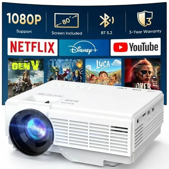 GCZ Mini Projector with Screen, Bluetooth 5.2, Support FHD 1080P Portable Projector Compatible with TV Stick/Phone/HDMI
