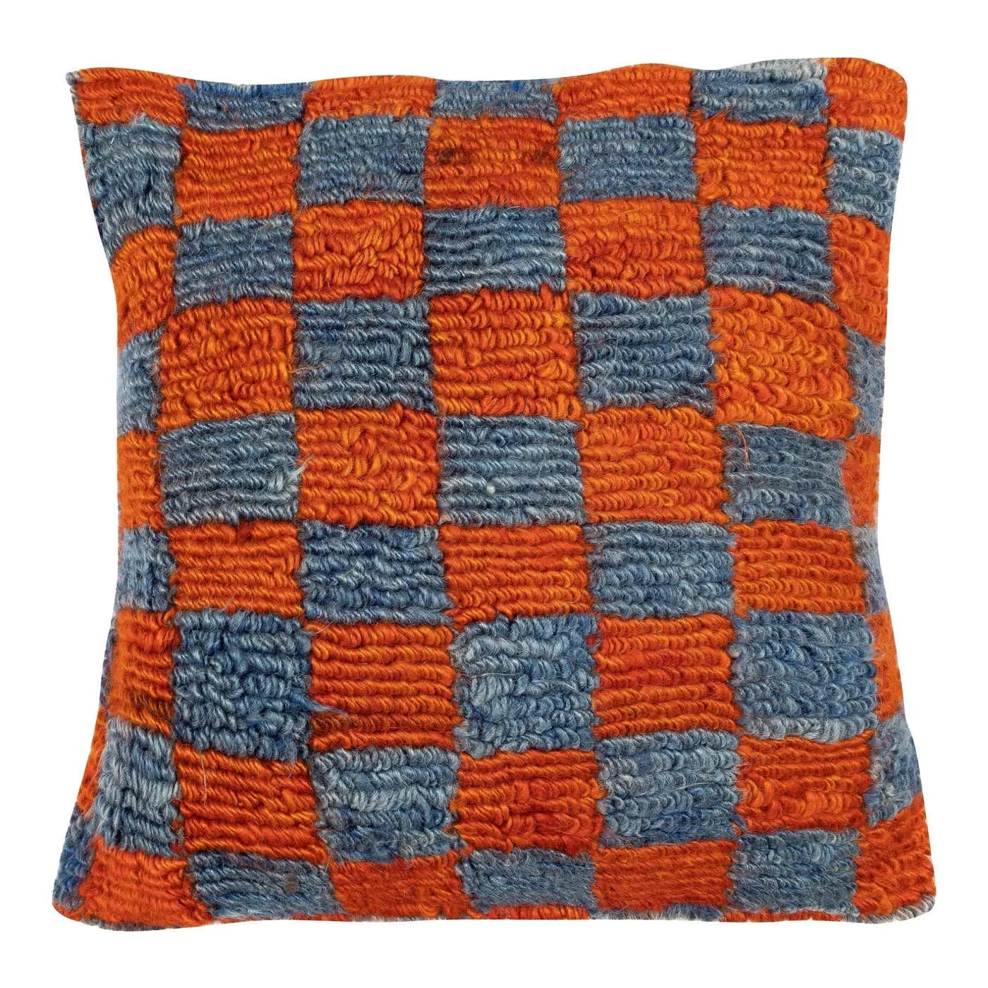 16"x16" Handknotted Turkish Wool Cushion Cover. Checkered Vintage Toss Pillow