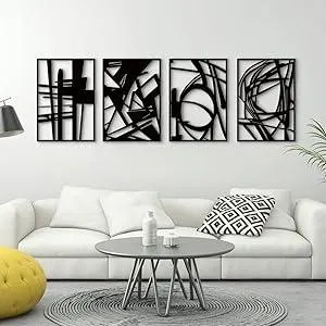 Glamativity 4 Pack Black Abstract Metal Wall Art, Minimalist Décor Single Line Art Wall Décor, 3D Textured Metal Wall Sculptures, for Living Room Bedroom Bathroom Study Room (Black Abstract, M Size 16 x 11'')