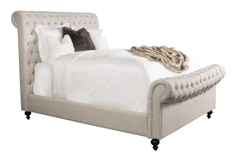 Jacqueline Beige Queen Upholstered Fabric Sleigh Bed | Tufted | Adjustable Base Compatible