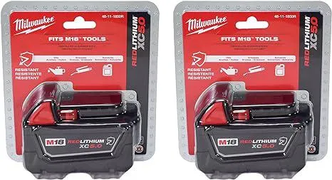 Milwaukee 48-11-1850R M18 18V 5Ah XC Extended Capacity Resistant Battery 2 Pack, (48-11-1850Rx2)