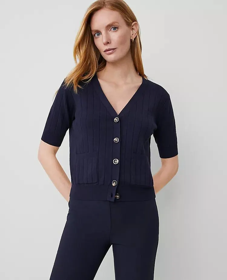 Ribbed Short-Sleeve Pocket Cardigan