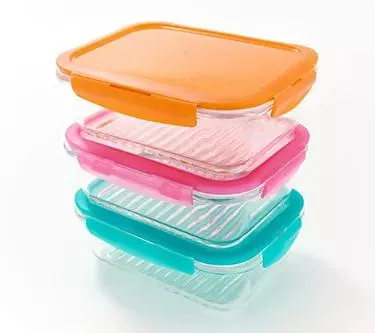 LocknLock Set of 3 Glass Multi-Color Rectangles with Ridged Bottom