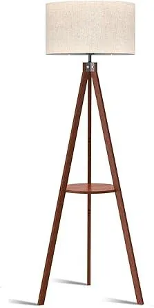 LEPOWER Tripod Floor Lamp, Mid Century Wood Standing Lamp, Modern Design Shelf Floor Lamp for Living Room, Bedroom, Office, Flaxen Linen Shade with E26 Base Brown
