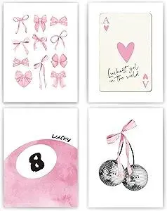 okaxscm Pink Coquette Trendy Preppy Wall Art Prints Set of 4, Coquette Room Decor, Preppy Room Decor Aesthetic, Pink Bow Disco 8 Ball Cherry Wall Decor Posters for Girls Bedroom Dorm, 12x16 Unframed